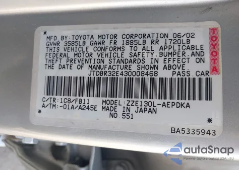 2003 Toyota Corolla Ce из США, поврежденный, VIN JTDBR32E430008468